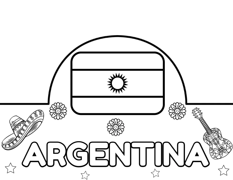 Argentina crown: students color the outlined Argentine flag with its Sun of May, the country name, a sombrero and guitar