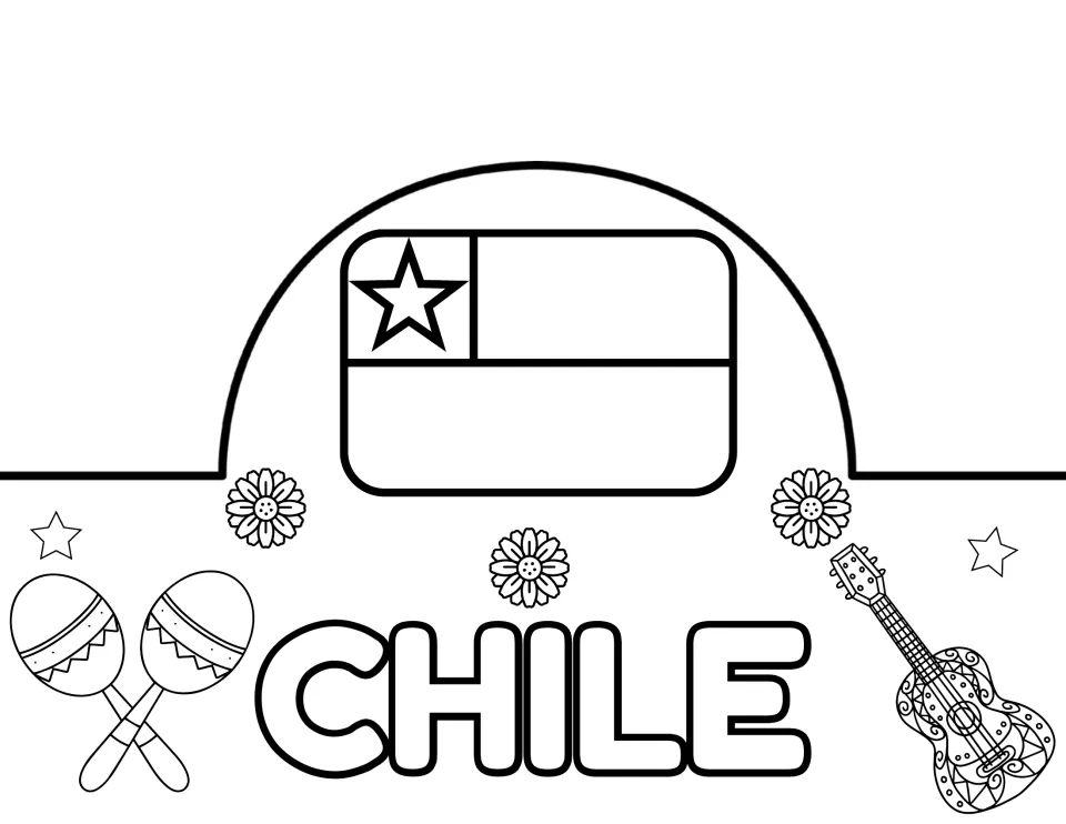 Chile crown: students color the outlined Chilean flag with its single star, the name CHILE, maracas and a guitar