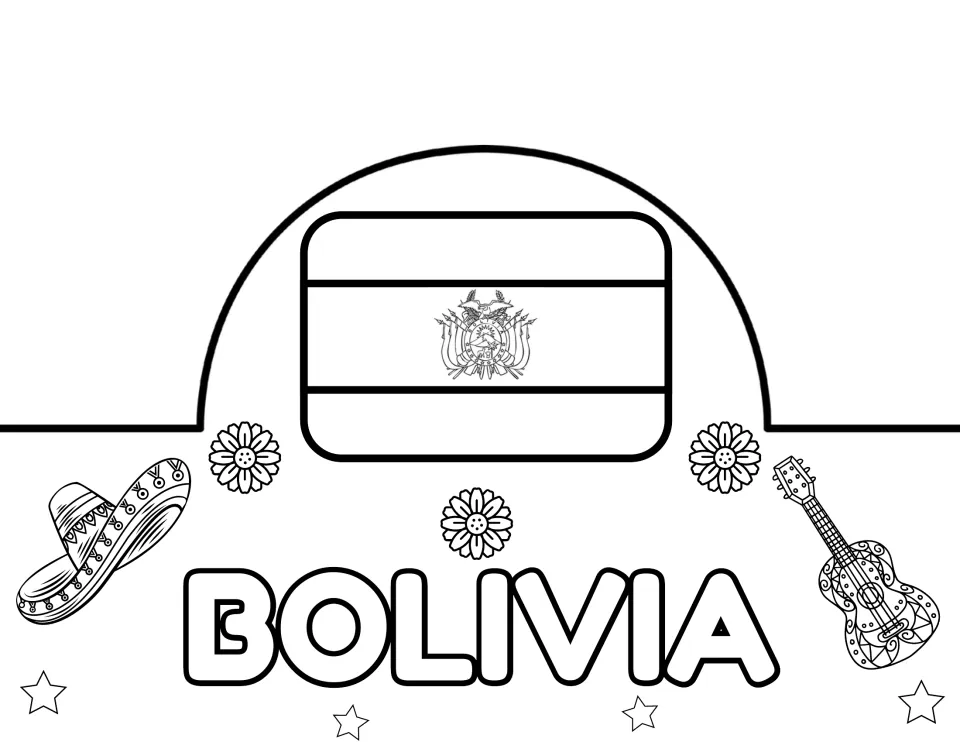 Bolivia crown: students color the three-stripe Bolivian flag with its coat of arms, the name BOLIVIA and a sombrero
