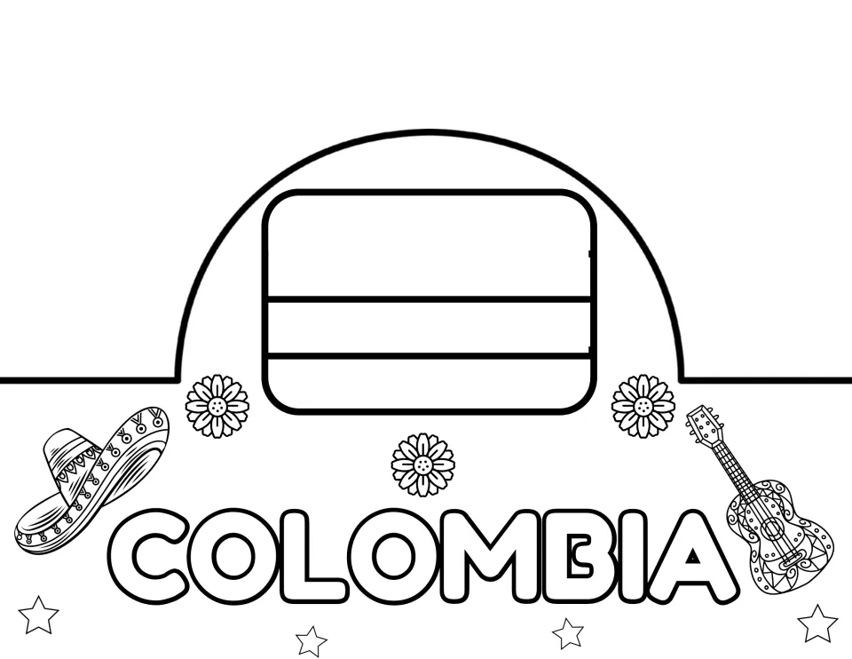 Colombia crown: students color the outlined Colombian flag with its wide top band and two stripes plus the name COLOMBIA