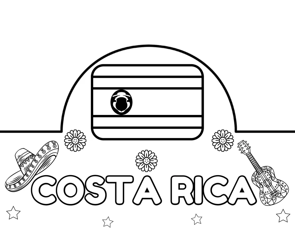 Costa Rica crown: students color the striped Costa Rican flag with its emblem, the name COSTA RICA, a sombrero and guitar