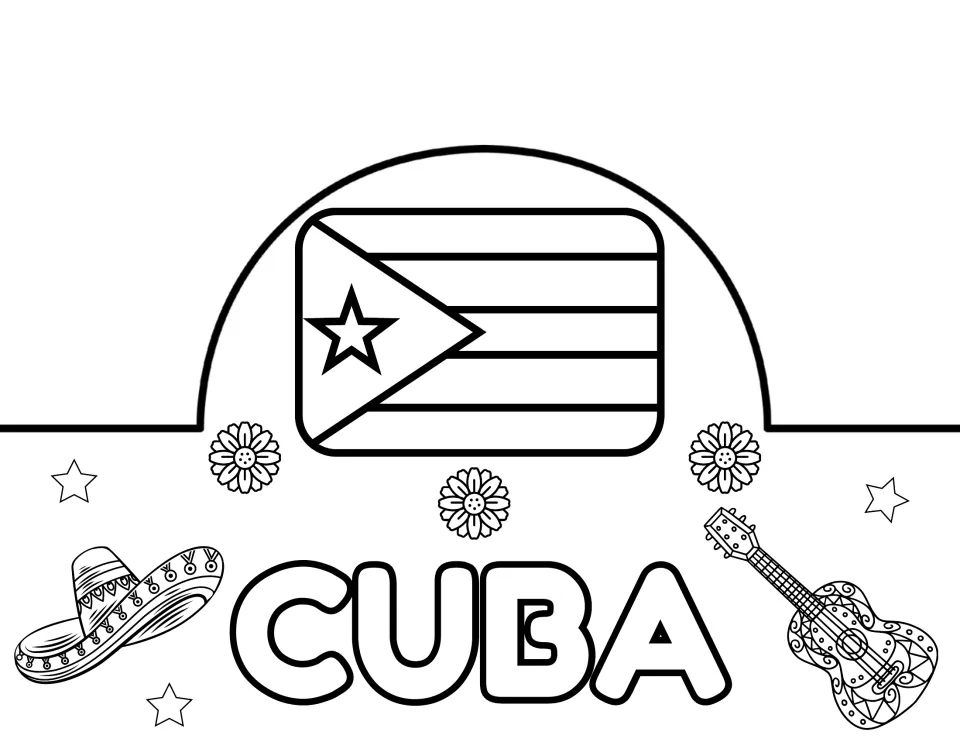 Cuba crown: students color the Cuban flag with its star in a triangle and stripes, the name CUBA, a sombrero and guitar