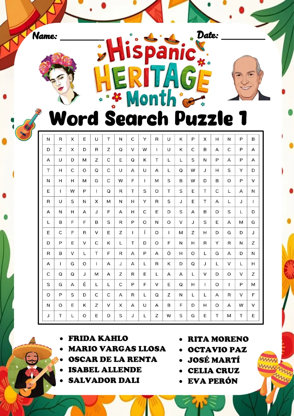 Word Search Puzzle 1: students find 10 Hispanic figures, including Frida Kahlo, Octavio Paz, José Martí and Celia Cruz