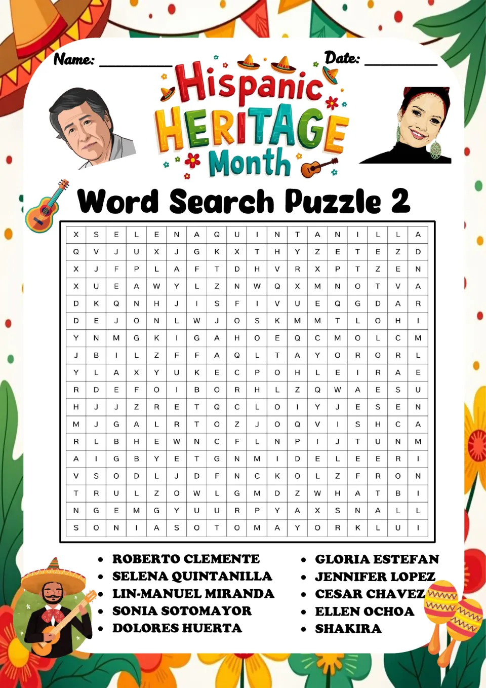 Word Search Puzzle 2: students hunt for Roberto Clemente, Selena Quintanilla, Sonia Sotomayor, Cesar Chavez and more