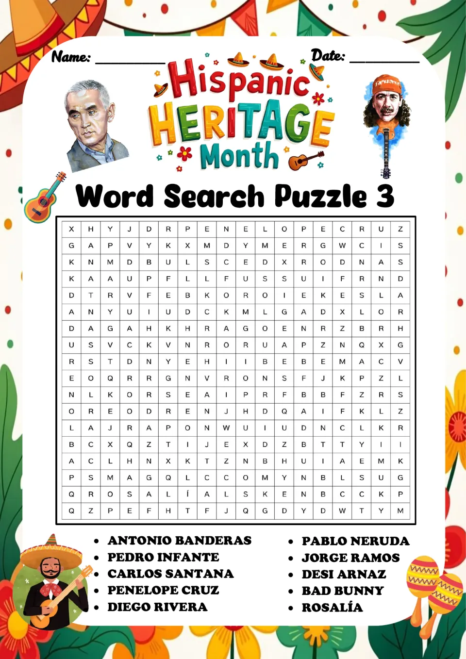 Word Search Puzzle 3: students locate names such as Diego Rivera, Pablo Neruda, Carlos Santana, Desi Arnaz and Rosalía