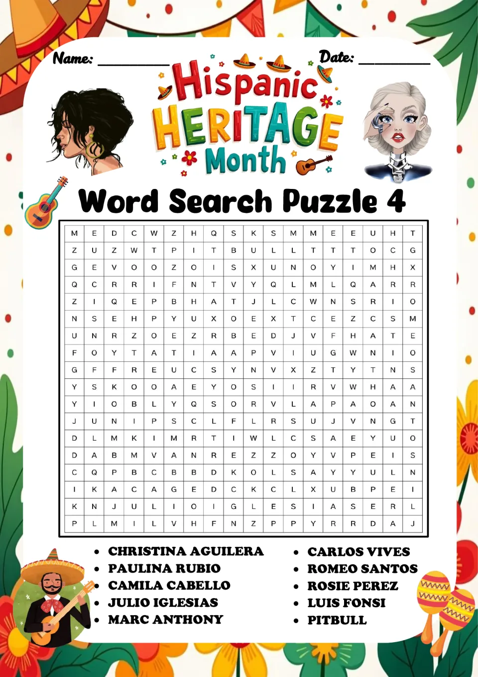 Word Search Puzzle 4: students search for Camila Cabello, Marc Anthony, Luis Fonsi, Pitbull and six other names