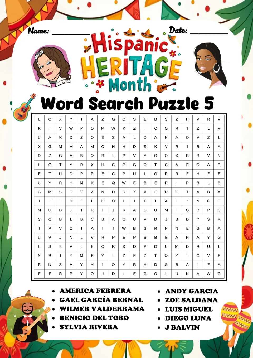 Word Search Puzzle 5: students find America Ferrera, Zoe Saldana, Diego Luna, Sylvia Rivera, J Balvin and others