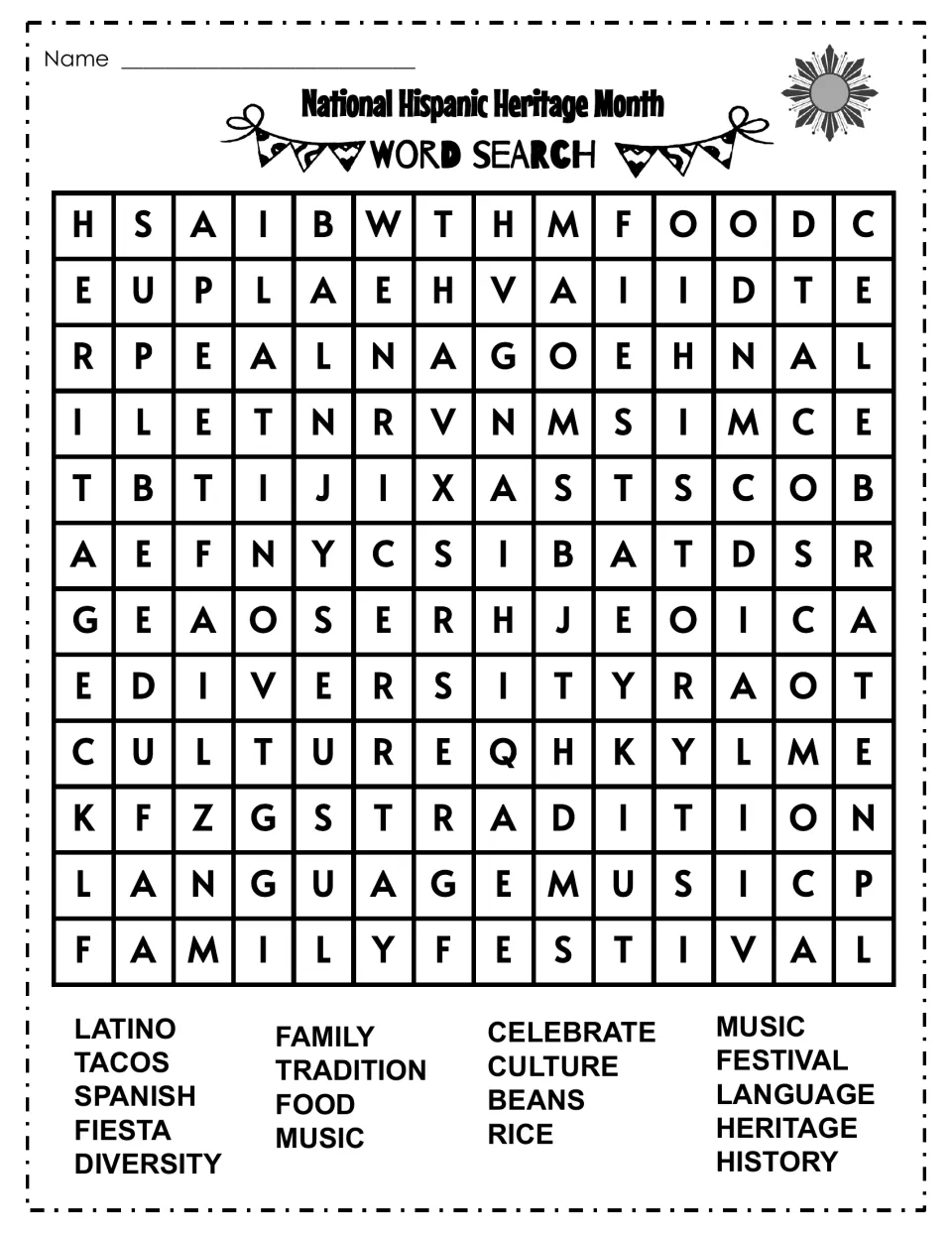 National Hispanic Heritage Month vocabulary: students find words like fiesta, culture, tacos, language and heritage