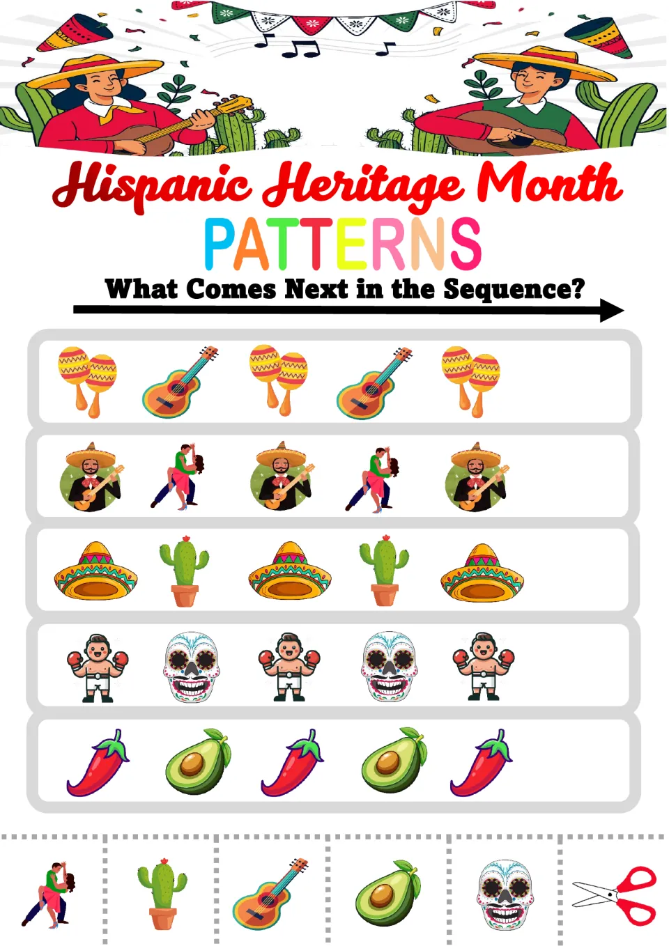 Hispanic Heritage Month AB patterns: students cut out pictures to finish rows of maracas, guitars, sombreros and chilies