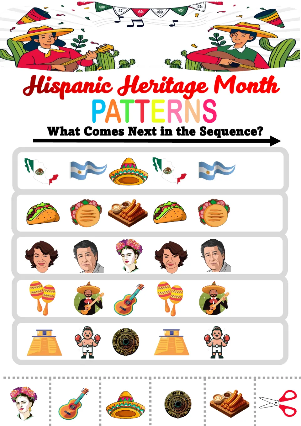 ABC picture patterns with flags, tacos, portraits, maracas and pyramids; students cut out the image that continues each row