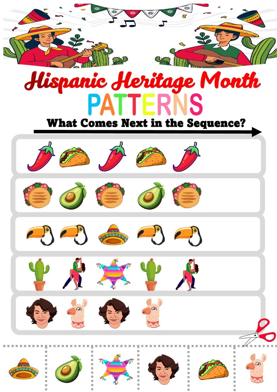 Mixed AB, AAB and ABC patterns with chilies, tacos, toucans, cacti and llamas; students glue the next cut-out picture