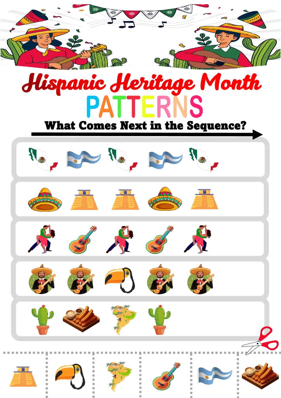 Patterns of Mexico maps, flags, sombreros, dancers and mariachis; students choose the next picture from a cut-out strip