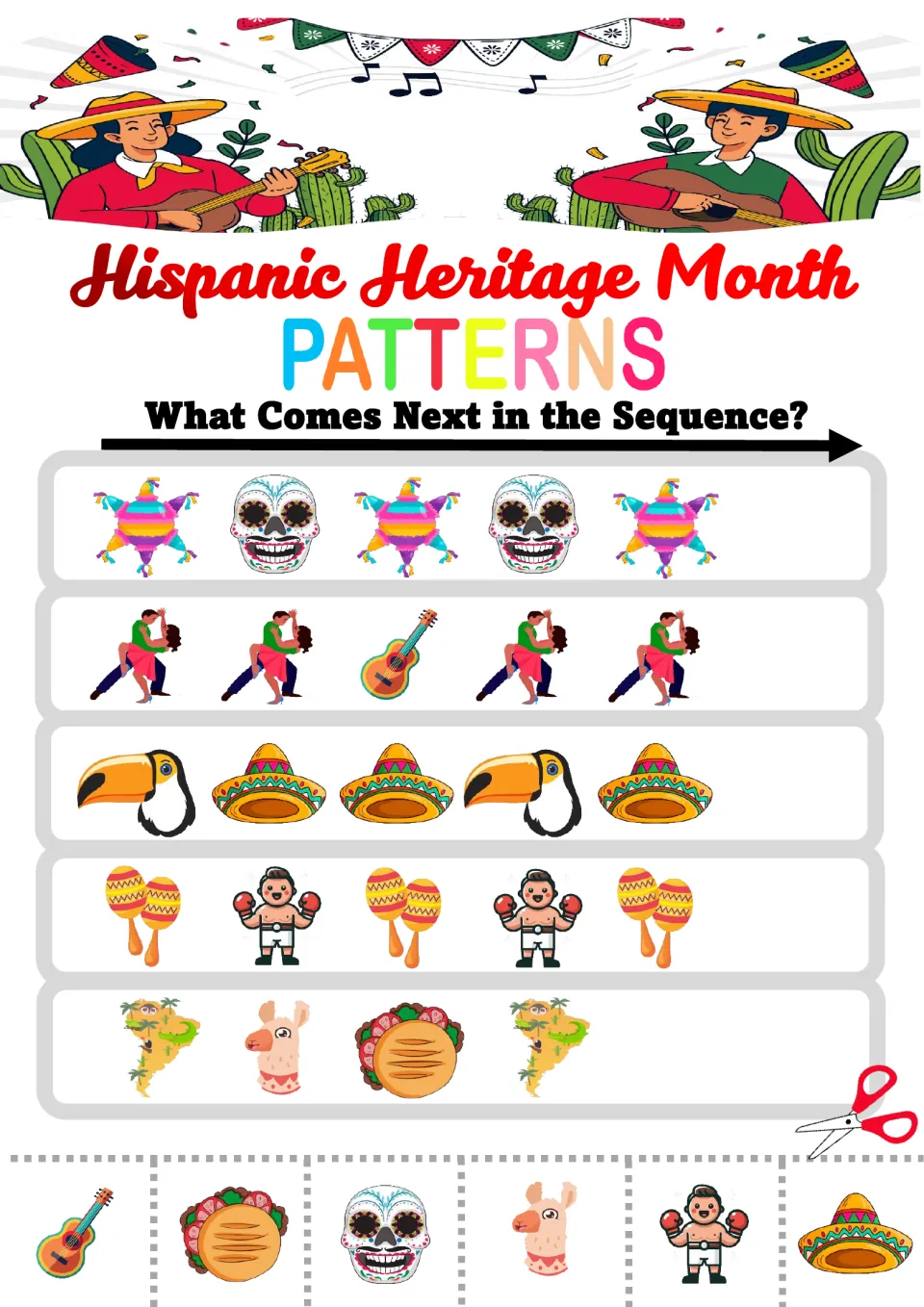 What Comes Next? rows of piñatas, sugar skulls, dancers, toucans and maracas for students to finish with cut-out pictures