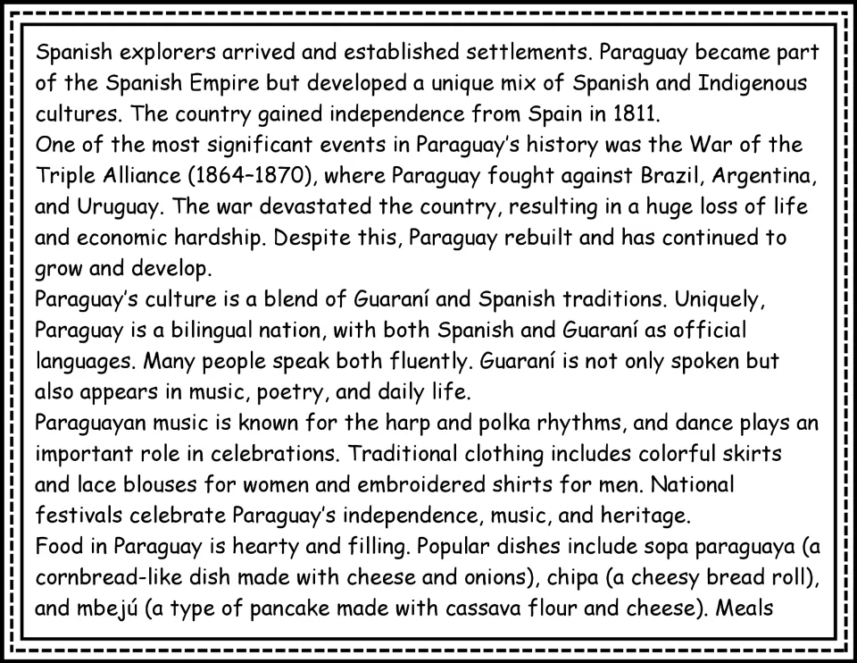 Paraguay passage continuation covers Spanish colonization, independence, war, languages, music, and food