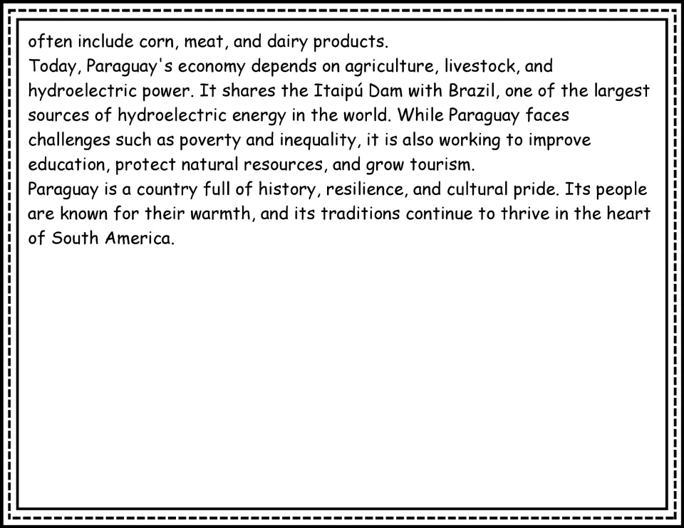 Paraguay passage conclusion covers agriculture, livestock, Itaipú Dam, economic challenges, and cultural pride