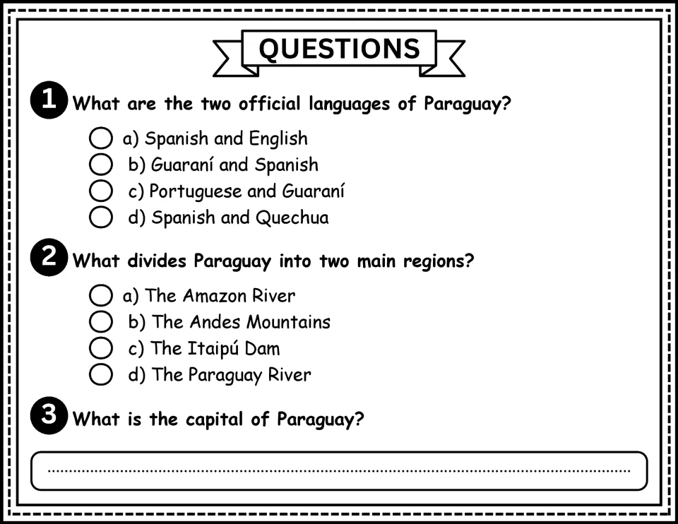 Paraguay comprehension questions 1–3 ask about official languages, the river dividing regions, and the capital