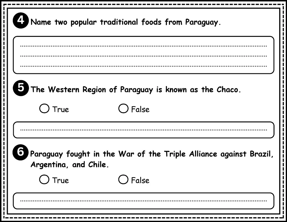 Paraguay comprehension questions 4–6 cover traditional foods, the Chaco, and the War of the Triple Alliance