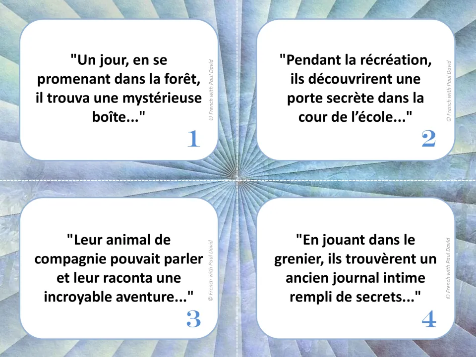 French story-starter cards 1-4: a mysterious box in the forest, a secret door at recess, a talking pet, an attic diary
