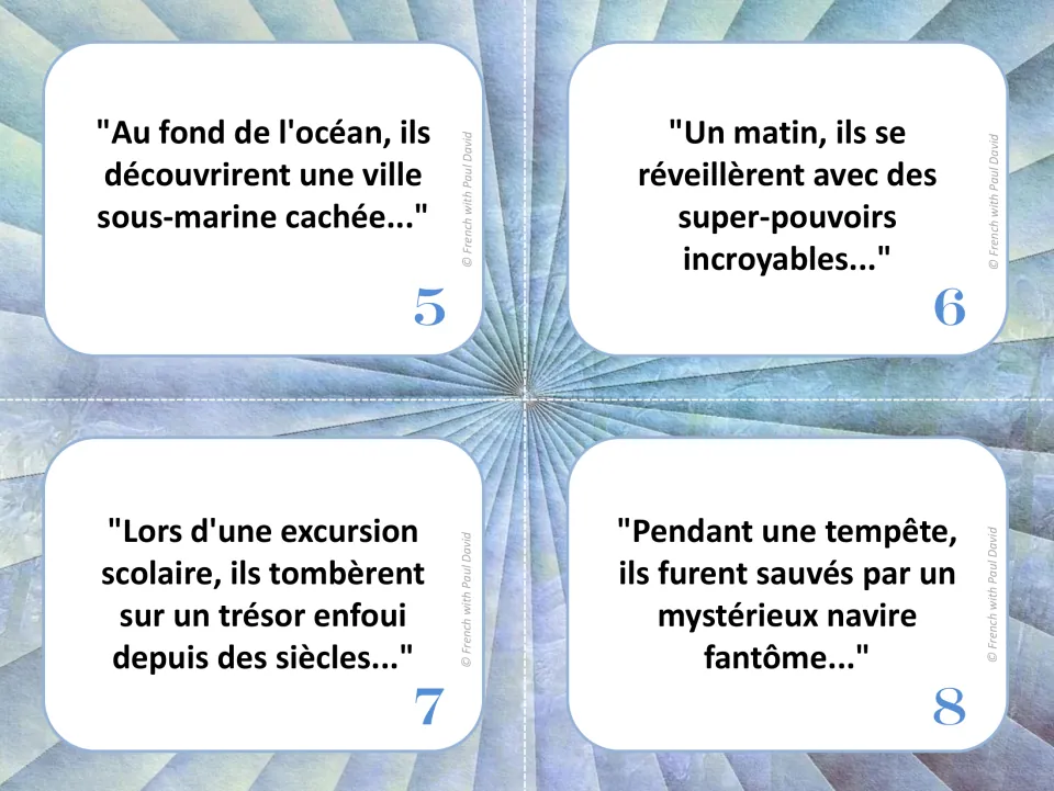 Story-starter cards 5-8 in French: an underwater city, waking with superpowers, buried treasure, a ghost ship in a storm