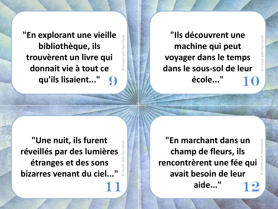 French story prompts 9-12: a library book that brings stories to life, a time machine, lights in the sky, a fairy in need