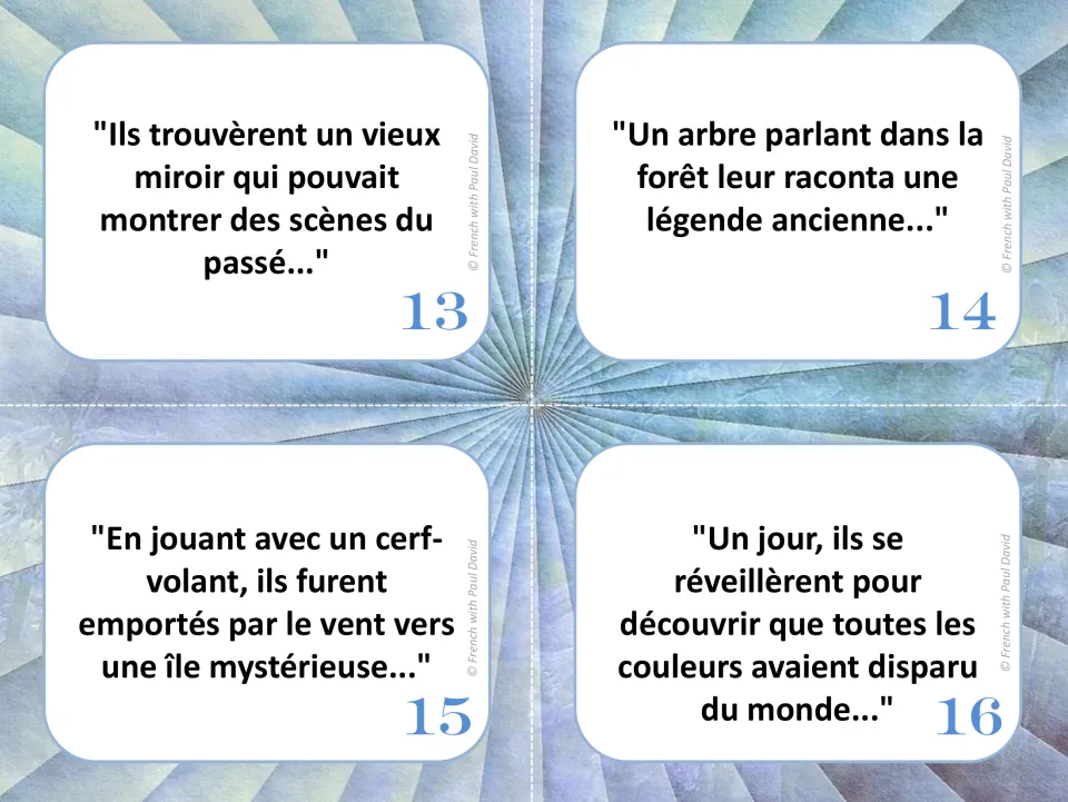 Story cards 13-16 in French: a mirror showing the past, a talking tree, a kite carried to an island, a world without color