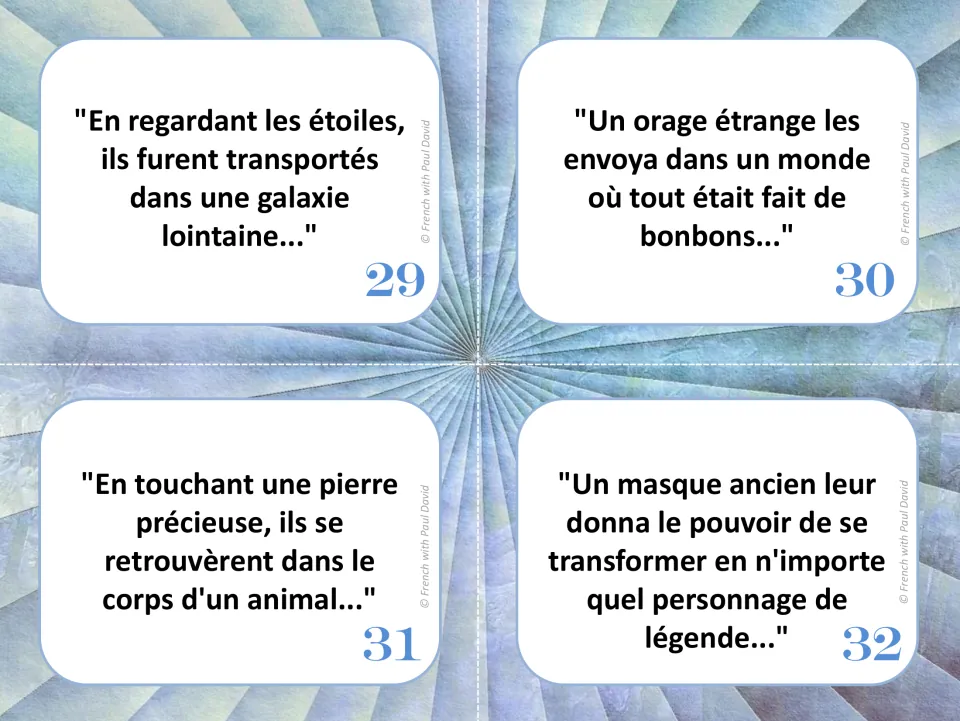 Story cards 29-32 in French: a distant galaxy, a candy world, a gem that turns them into an animal, a shape-shifting mask