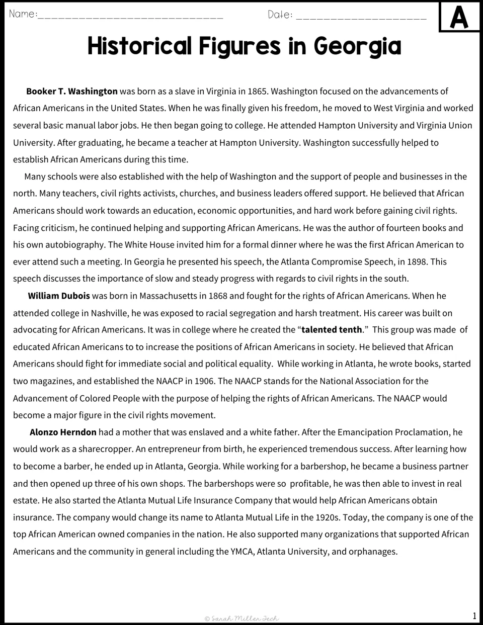 Version A reading passage about Booker T. Washington, William Dubois, and Alonzo Herndon and their contributions
