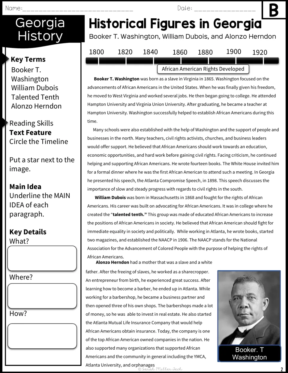 Version B passage on three historical figures, with a timeline, key terms, and main idea annotation prompts