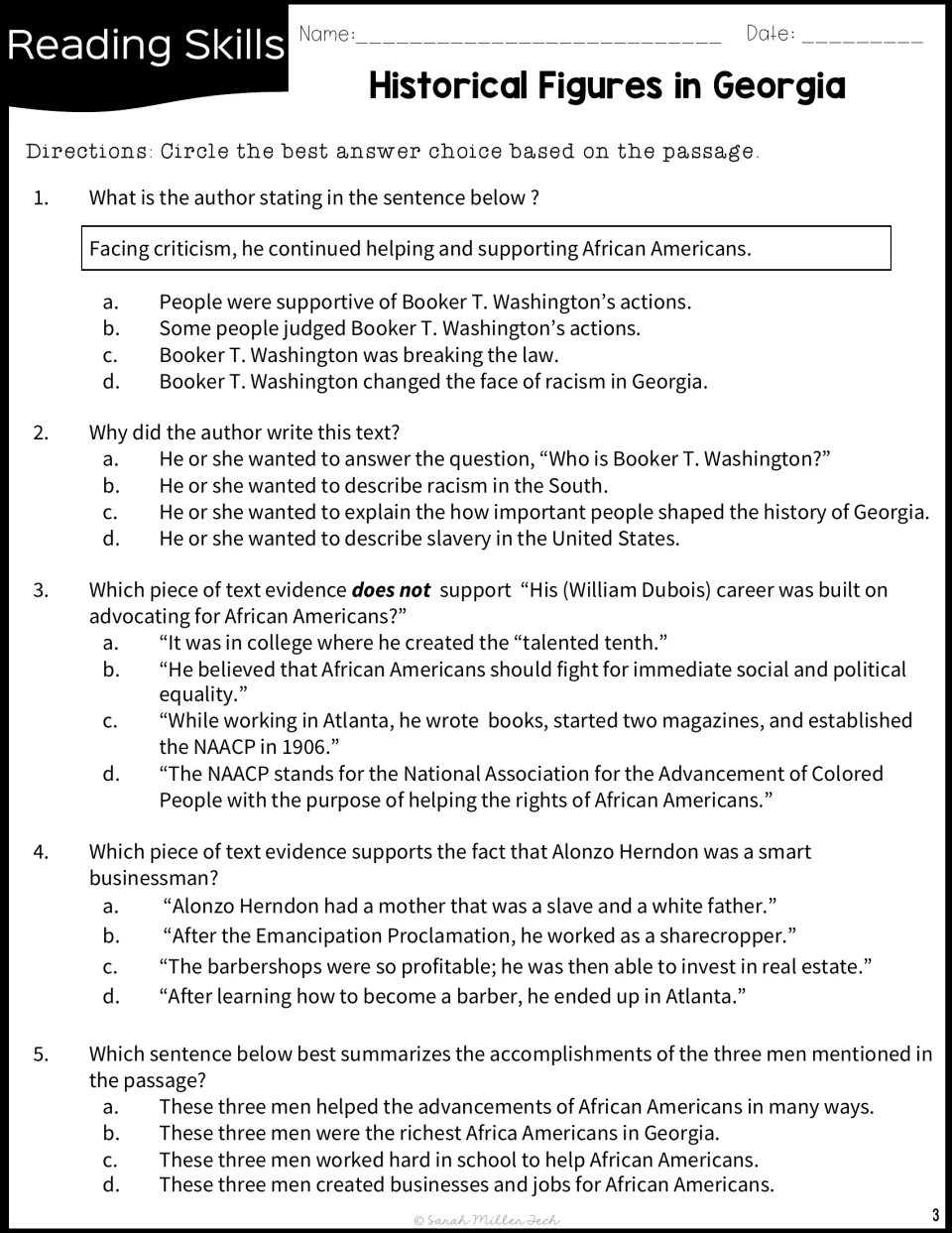 Five reading questions on interpreting a sentence, author's purpose, text evidence, and summarizing achievements