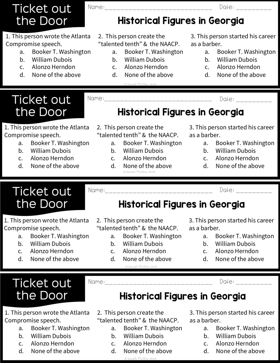Four identical exit tickets ask about the Atlanta Compromise speech, the talented tenth and NAACP, and a barber