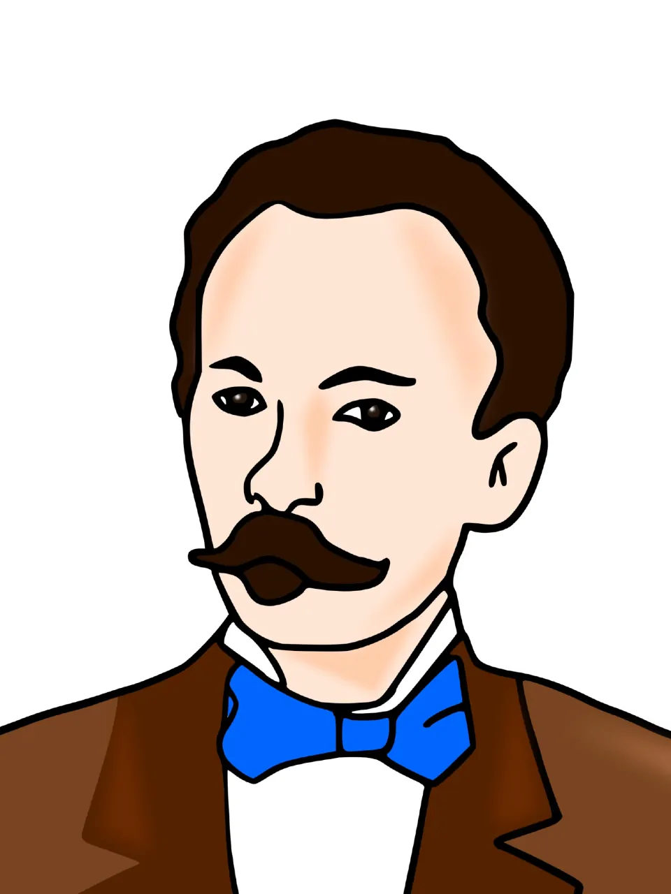 Color graphic art of Jose Marti for the history resource, showing a mustache, brown coat, and blue bow tie