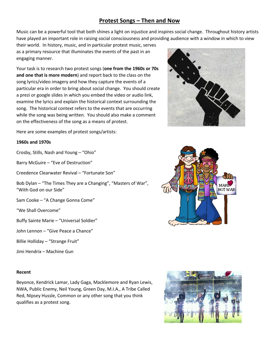 Assignment directions for comparing a 1960s or 1970s protest song with a modern song, plus song examples