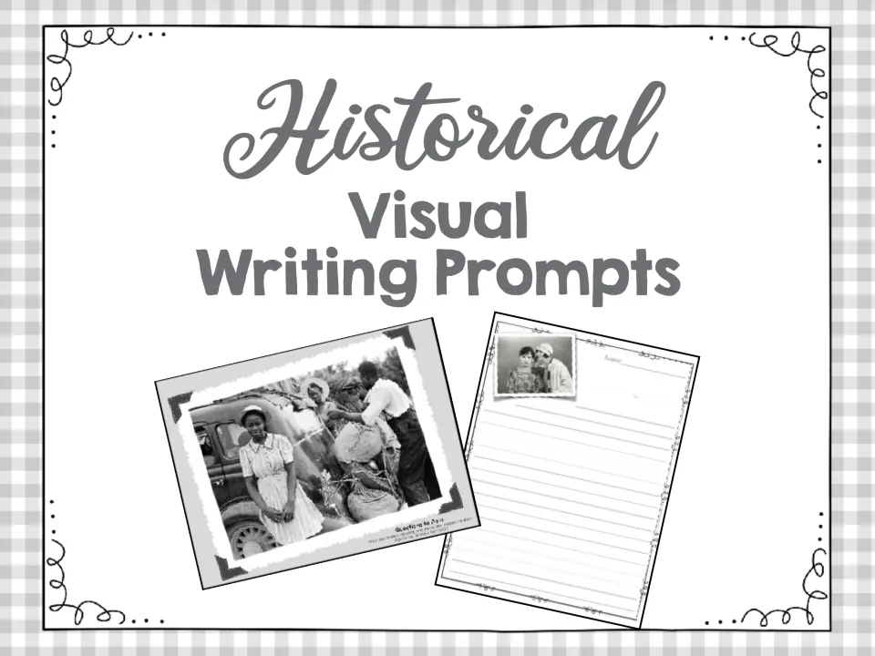Historical Visual Writing Prompts cover showing a vintage photo prompt card and a lined writing page with a small photo