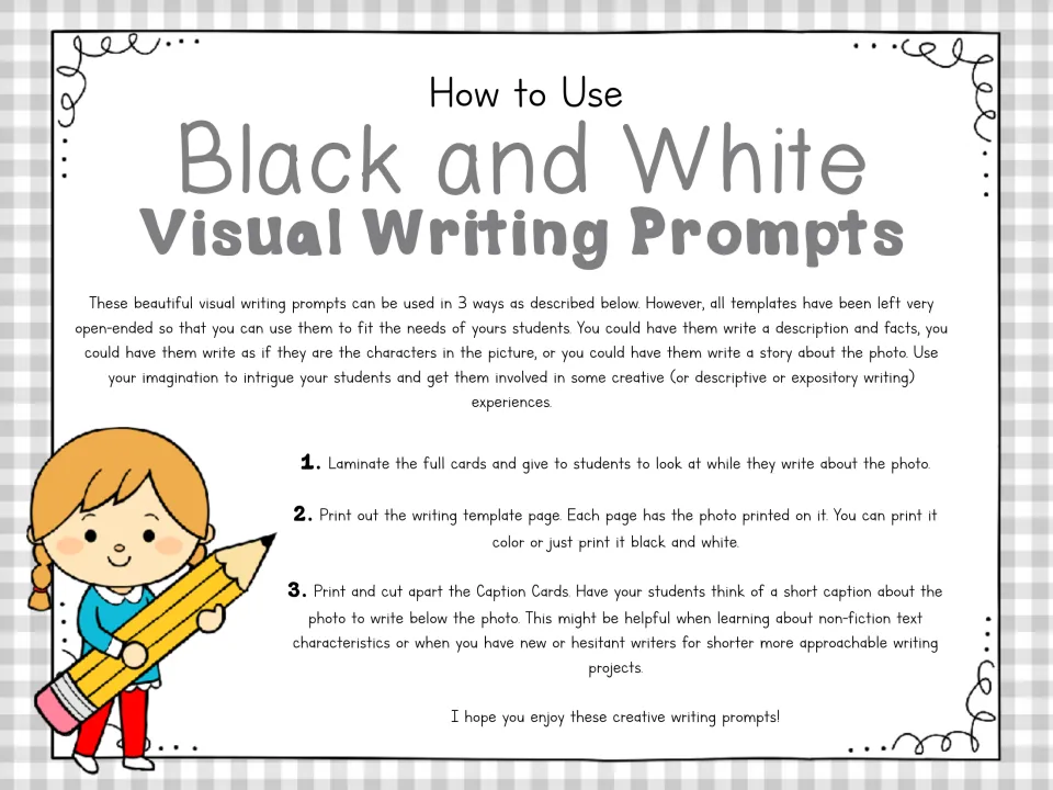 How to Use guide: 3 ways to use the black and white photo prompts as laminated cards, writing templates or caption cards