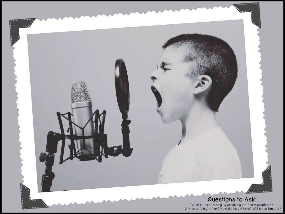 Photo prompt of a boy shouting into a studio microphone; students answer questions on what he says and if he'll be famous