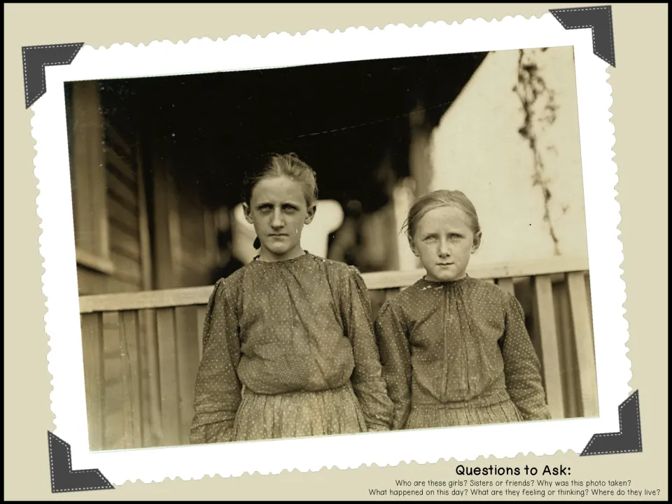 Vintage photo of two girls in dotted dresses on a porch; students consider if they are sisters and what they feel