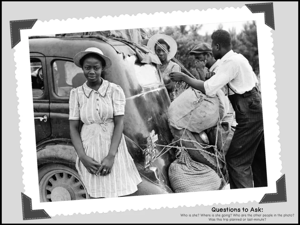 Travel photo prompt: a young woman by an old car loaded with bundles; students write where she is going and who is with her