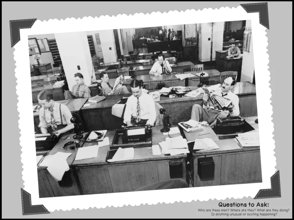 Vintage photo of men at desks with typewriters and newspapers; students tell who they are, where, and what is happening