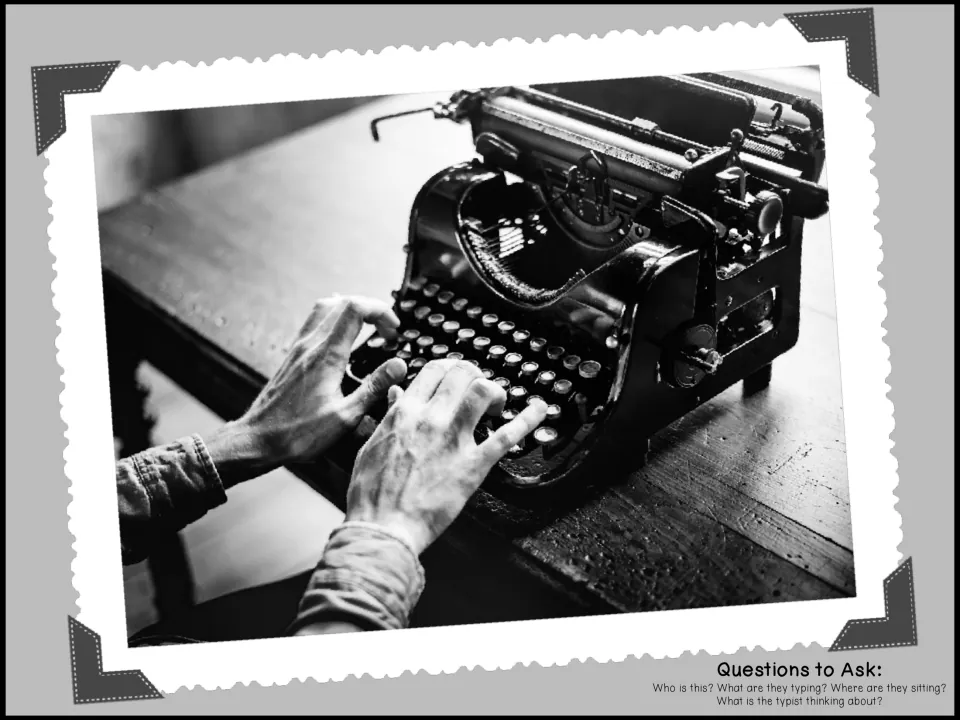 Close-up photo of hands on an antique typewriter; students imagine who the typist is and what they are writing
