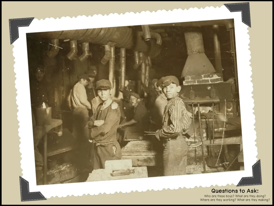 Sepia photo of boys working by a furnace under pipes; students write about where they work and what they are making