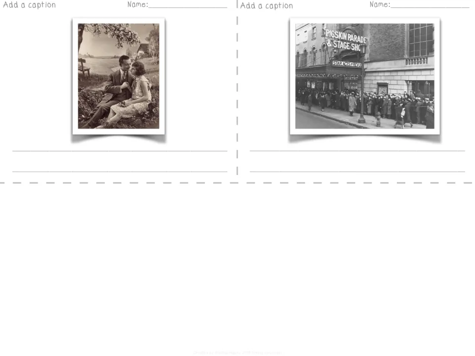 Caption cards: students write a short caption under a vintage couple photo and a crowd outside the Pigskin Parade show