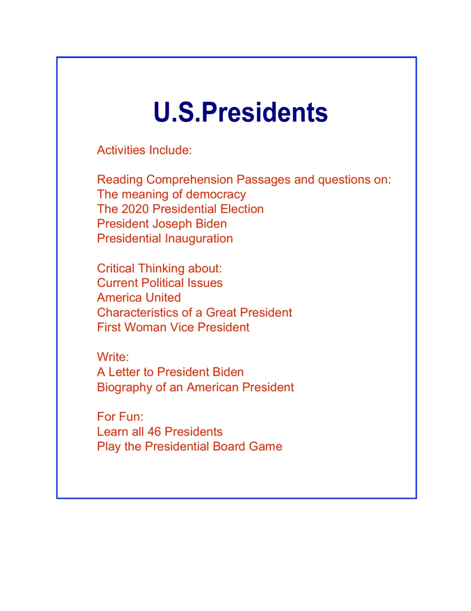 U.S. Presidents cover listing reading passages, critical thinking topics, letter and biography writing, and a board game
