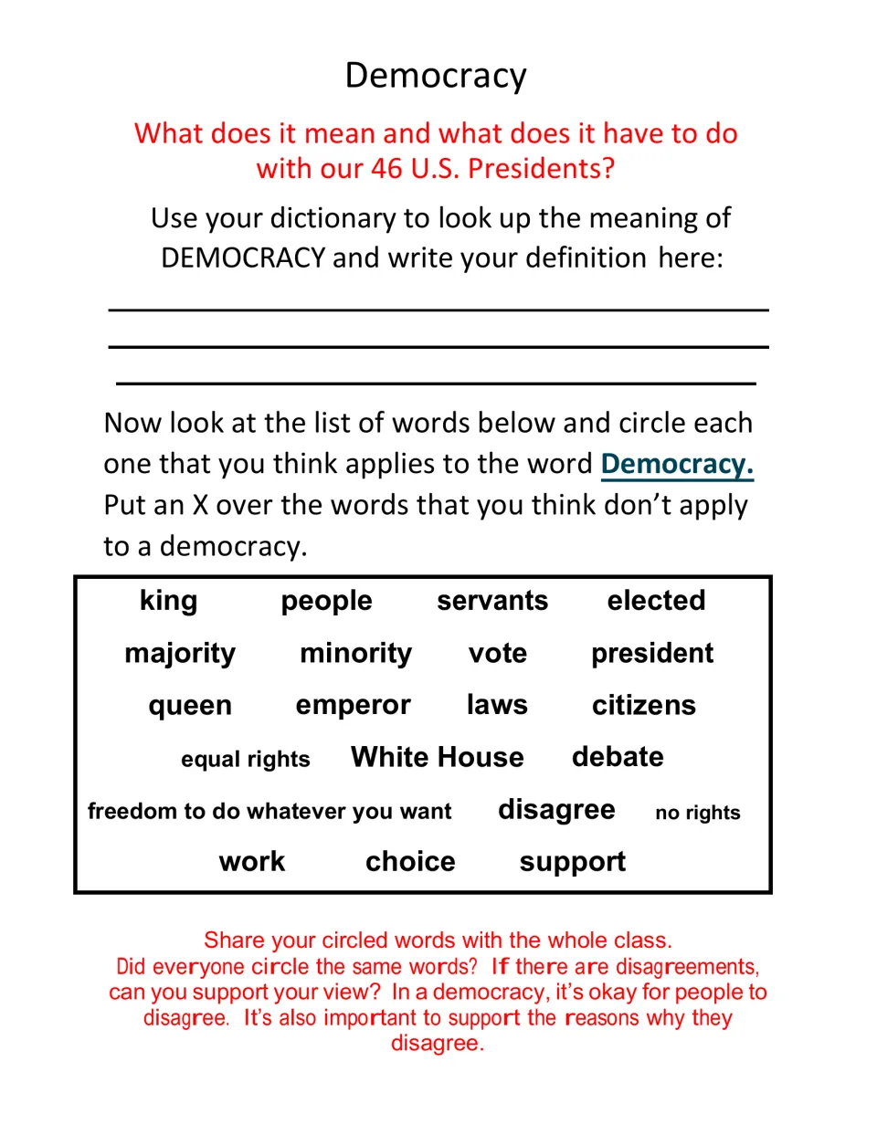 Democracy vocabulary: students write a dictionary definition, then circle or X out words such as vote, king and laws