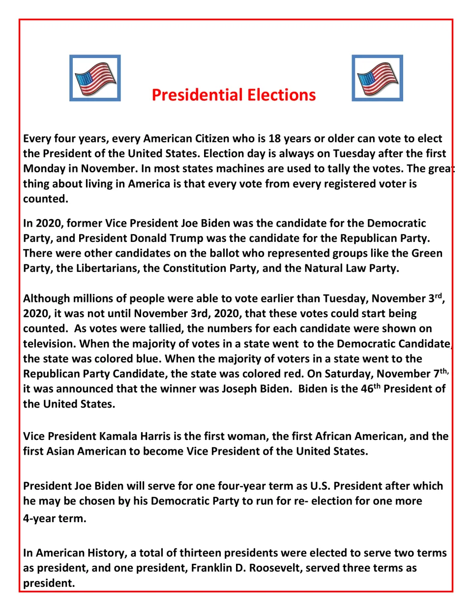 Presidential Elections reading: voting age, Election Day, the 2020 Biden-Trump race, red and blue states and term limits