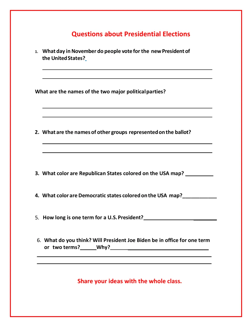 Questions about Presidential Elections: students recall Election Day, party names, map colors and term length, then predict