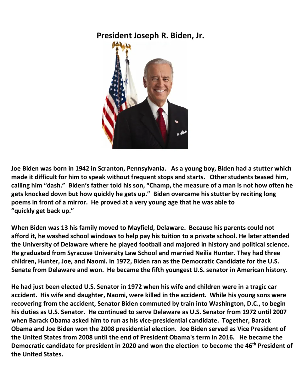 Joe Biden biography reading with portrait: his childhood stutter, 1972 Senate win, vice presidency and 2020 election