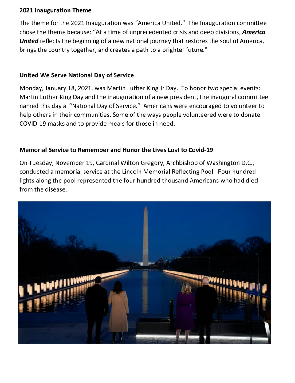 2021 inauguration reading: America United theme, National Day of Service and a COVID-19 memorial at the Reflecting Pool