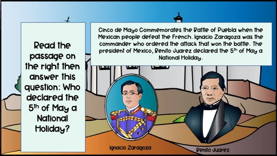 Passage and question about who declared May 5 a national holiday, with Ignacio Zaragoza and Benito Juarez choices