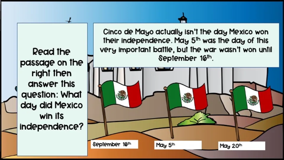 Passage asks when Mexico won independence, with answer choices September 16th, May 5th, and May 20th