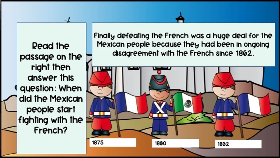 Passage asks when the Mexican people started fighting with the French, with choices 1875, 1860, and 1862